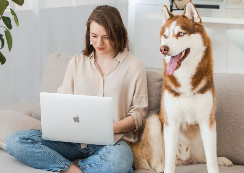 A Zowie employee on her computer, sitting next to her dog